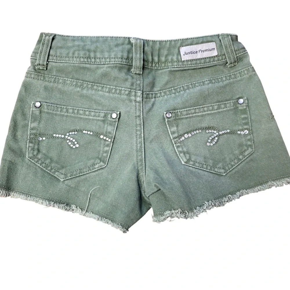 Justice Girls Green Camo Denim Shorts Rhinestone Embellished Raw Hem 7 2013